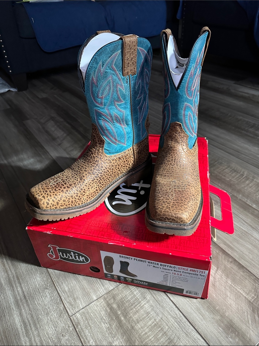 Justin Boots Men's Brown Leopard-Print Foot with Turquoise Shaft Cowboy Boots